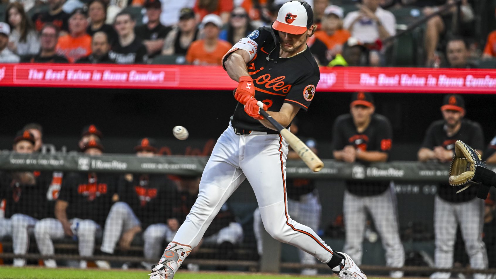 Baltimore Orioles shortstop Gunnar Henderson hits the ball
