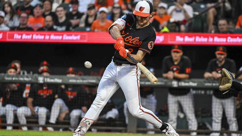 Baltimore Orioles shortstop Gunnar Henderson hits the ball