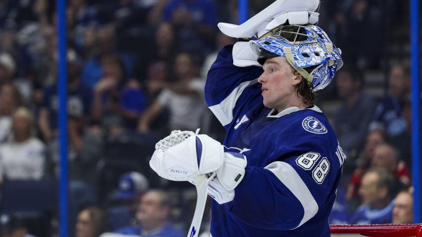Andrei Vasilevskiy takes a break during a timeout in a game versus the Red Wings.