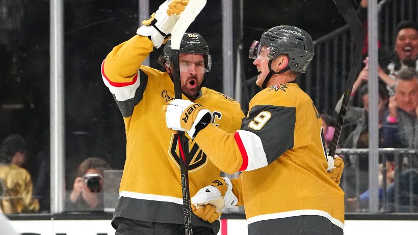 Mark Stone celebrates with Jack Eichel