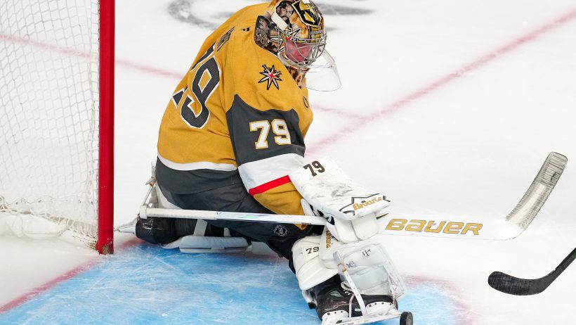 Vegas Golden Knights goaltender Carter Hart makes a save against the Winnipeg Jets.