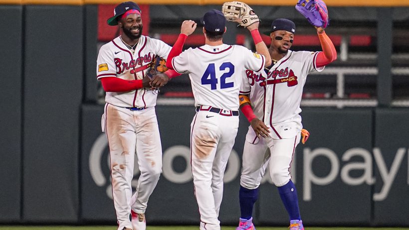 Michael Harris II Mike Yastrzemski and Ronald Acuna Jr celebrating