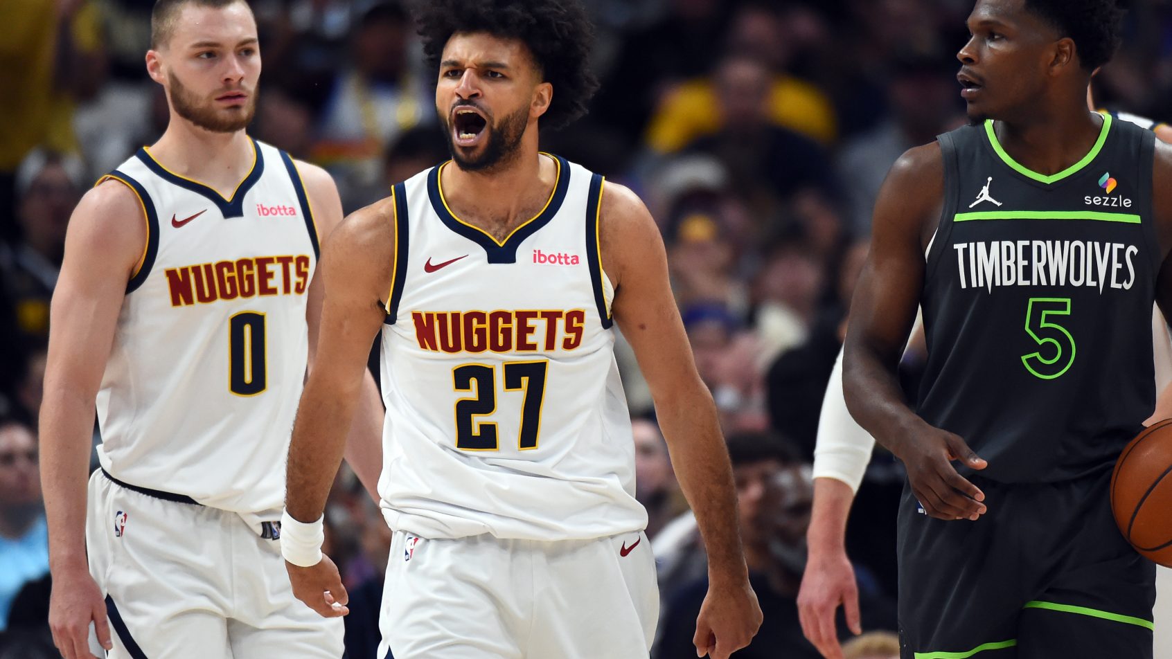 Jamal Murray celebrating a bucket against Anthony Edwards