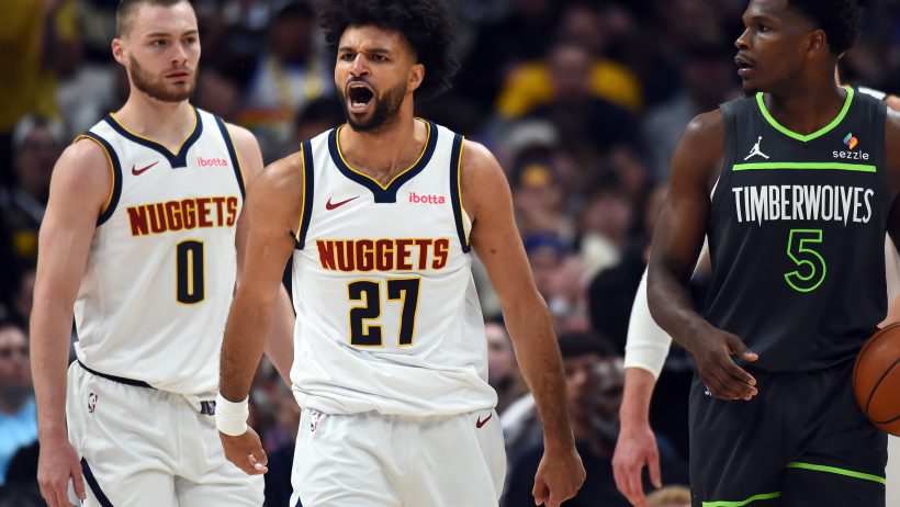 Jamal Murray celebrating a bucket against Anthony Edwards