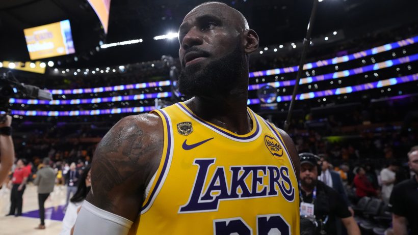 LeBron James looks on after the Lakers Game 1 victory over the Rockets.