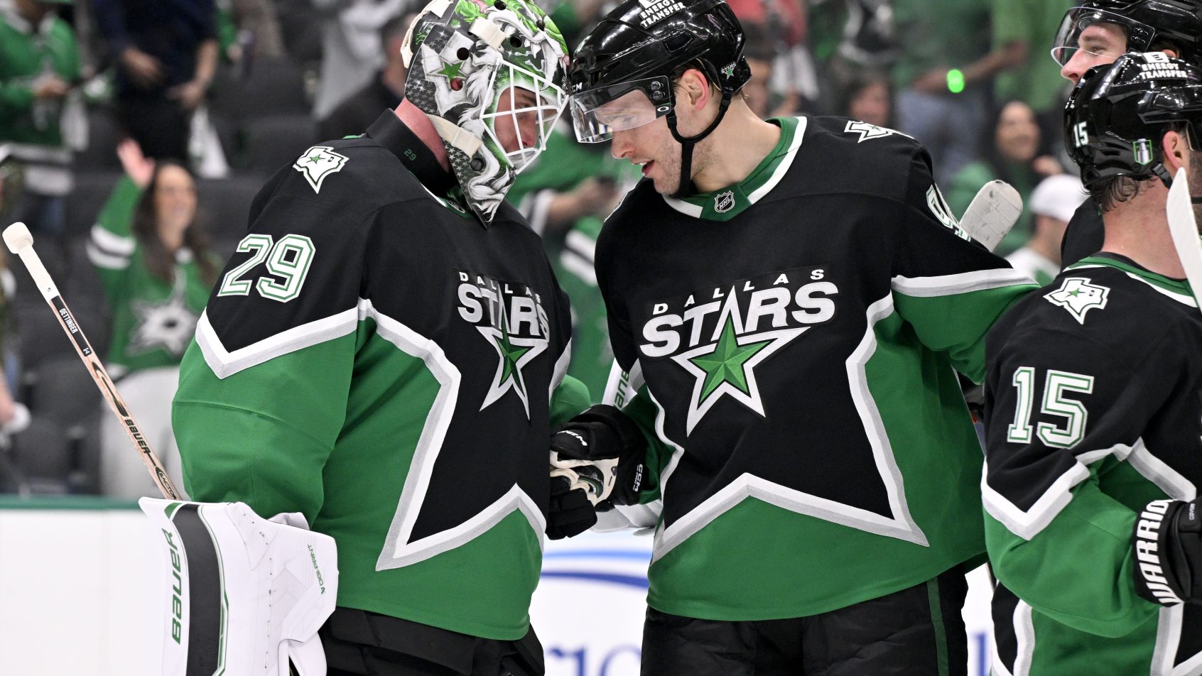 The Dallas Stars celebrate a win over the Minnesota Wild.