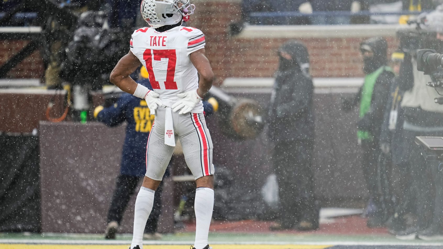Carnell Tate celebrates a touchdown versus Michigan.