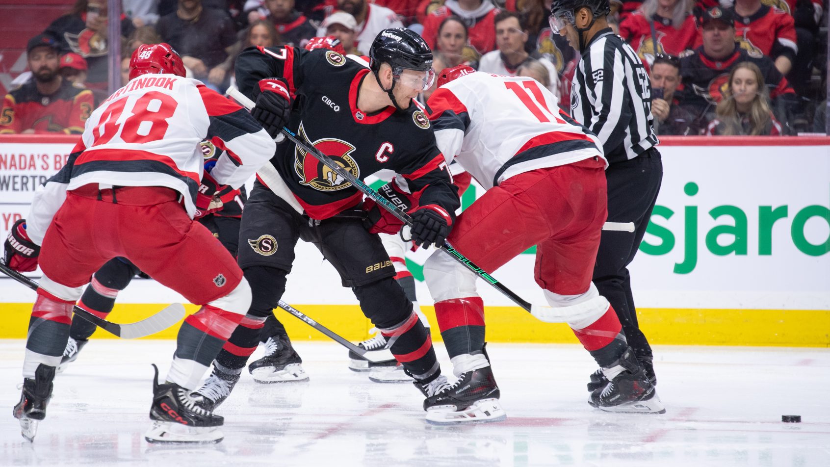 Brady Tkachuk goes after the Puck against the Hurricanes