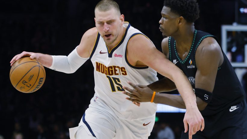 Anthony Edwards guards Nikola Jokic in Game 3 of their 1st Round series.