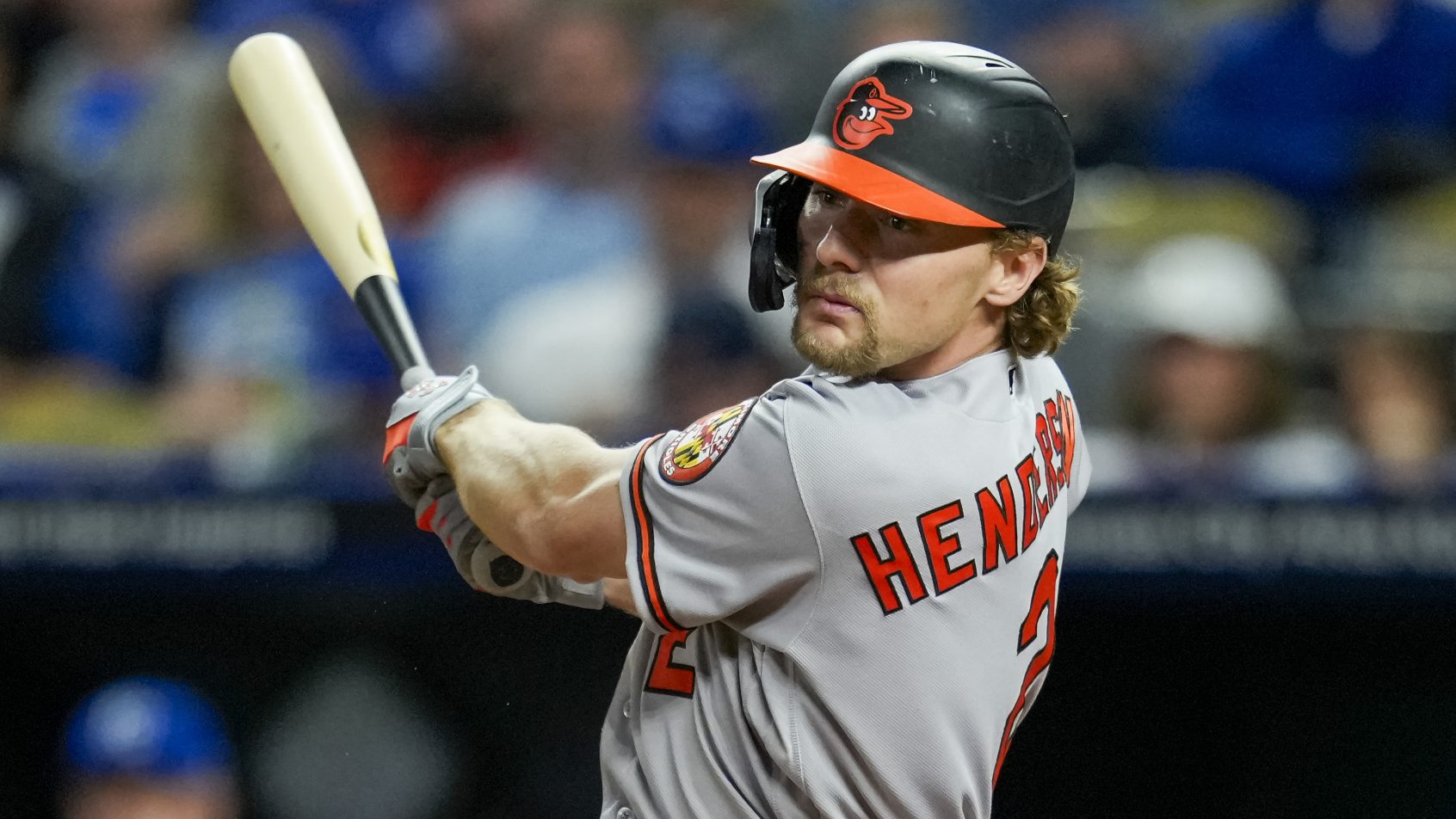 Gunnar Henderson smacks a hit versus the Royals.