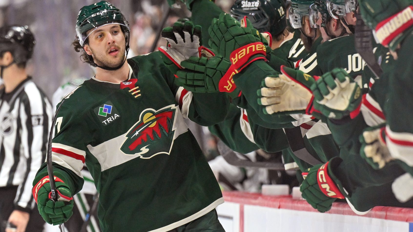 Brock Faber celebrates a Wild goal versus the Stars.