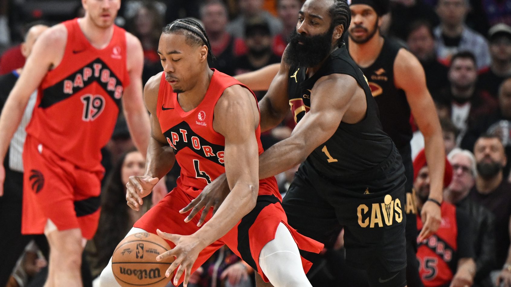 Scottie Barnes defended by James Harden