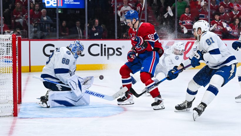 Andrei Vasilevskiy stops Ivan Demidov in close in Game 4 of the Lightning vs Canadiens 1st Round series.