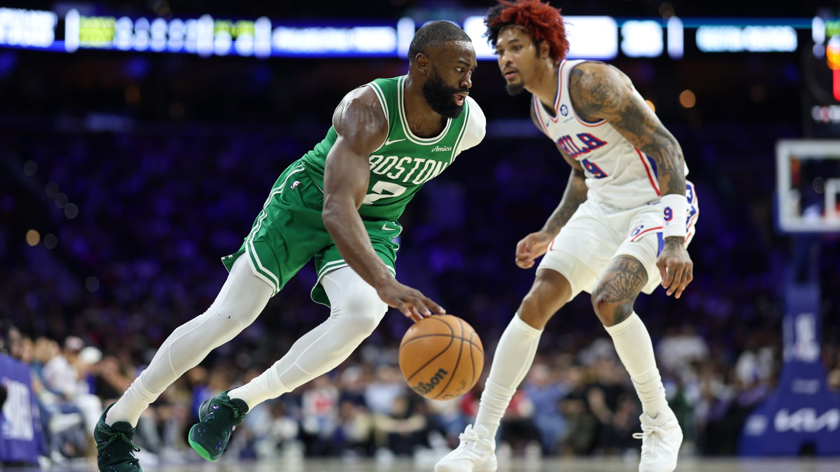 Boston Celtics guard Jaylen Brown drives to the hoop