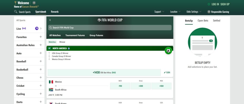 Caesars Sportsbook. World Cup betting sites.