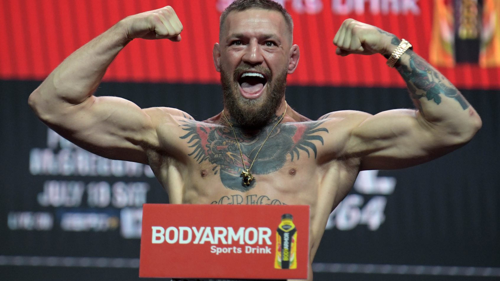 Jul 9, 2021; Las Vegas, Nevada, USA; Conor McGregor reacts during weigh ins for UFC 264 at T-Mobile Arena. Mandatory Credit: Gary A. Vasquez-Imagn Images