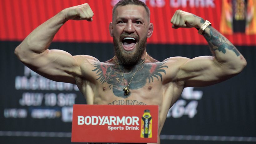 Jul 9, 2021; Las Vegas, Nevada, USA; Conor McGregor reacts during weigh ins for UFC 264 at T-Mobile Arena. Mandatory Credit: Gary A. Vasquez-Imagn Images