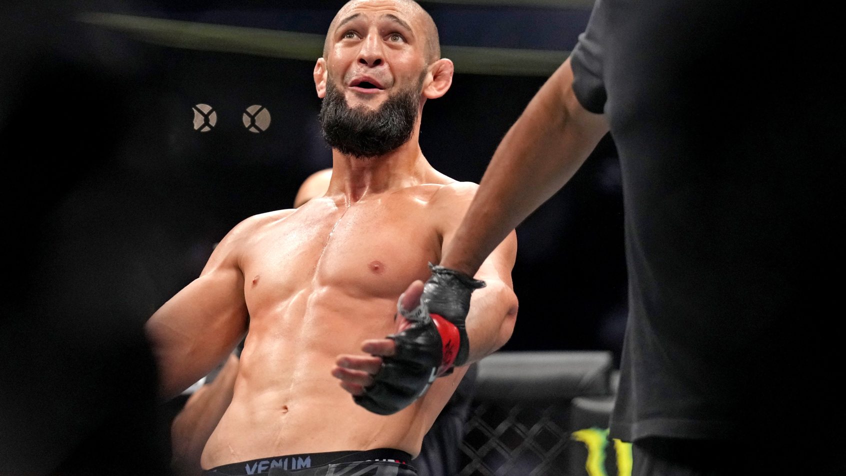 Khamzat Chimaev react after defeating Kevin Holland at UFC 279.