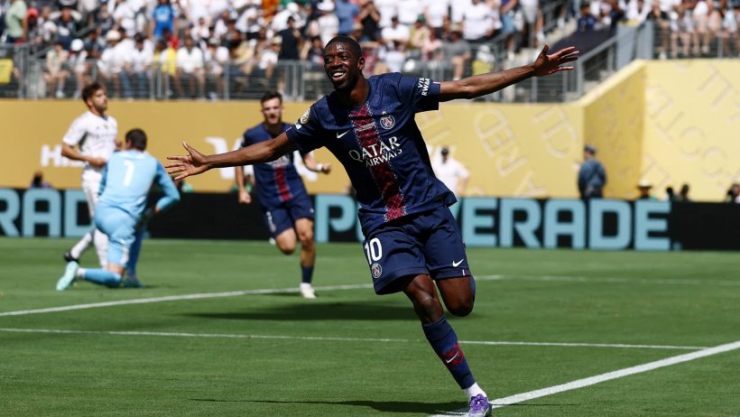 Ousmane Dembele celebrating a goal with PSG.