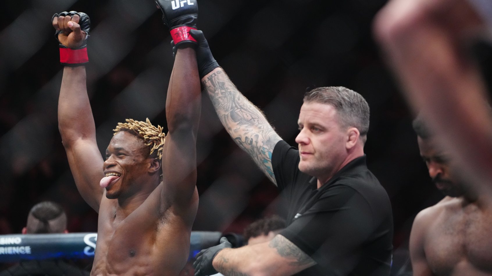 Ateba Gautier celebrates a victory during UFC 320.