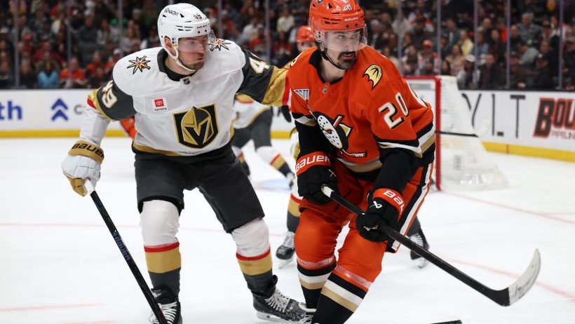 Anaheim Ducks left wing Chris Kreider fights for the puck against Vegas Golden Knights left wing Ivan Barbashev