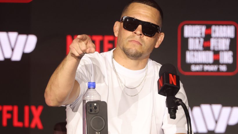Nate Diaz speaks at the press conference for the Most Valuable Promotions MMA card on Netflix