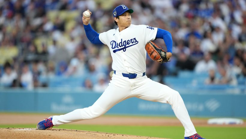 Shohei Ohtani pitching for the Dodgers.