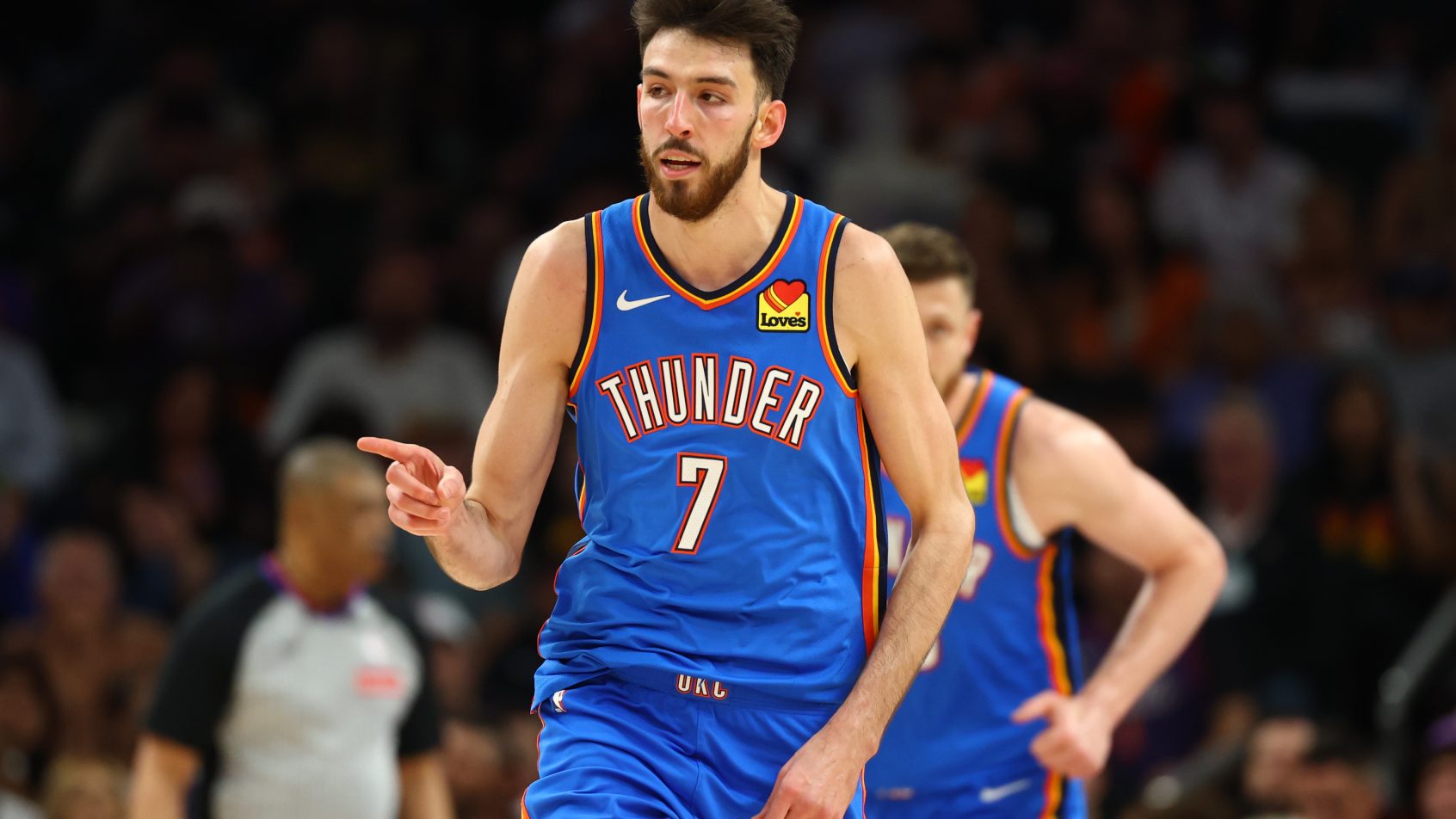 Chet Holmgren celebrates after a bucket versus the Suns.