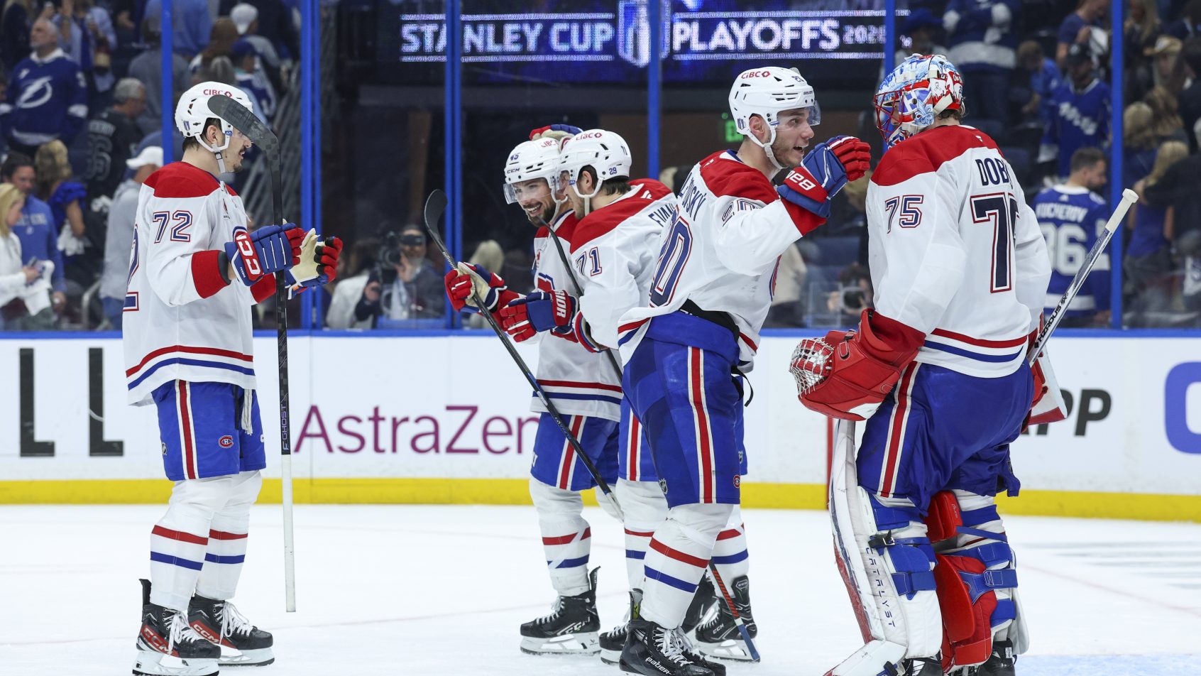 The Montreal Canadiens celebrate their Game 5 win over the Tampa Bay Lightning.
