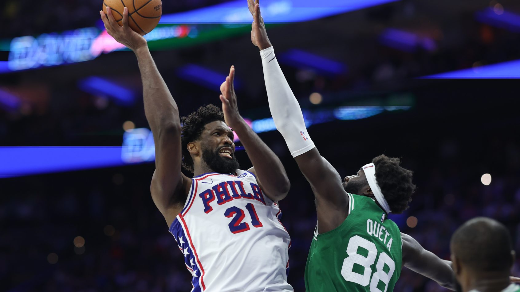 Joel Embiid shoots over a defender in Philly's Game 6 win over Boston.