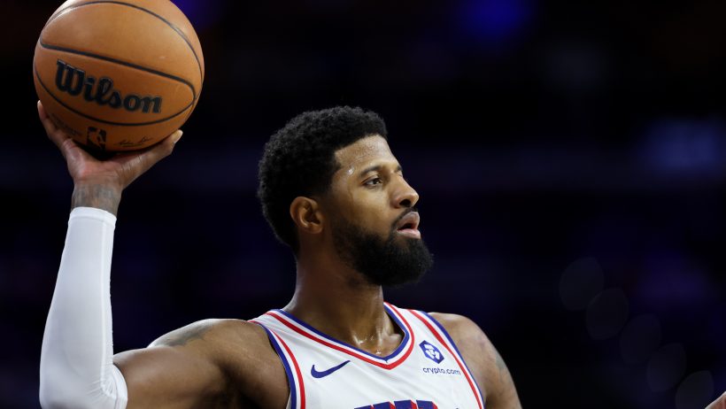 Paul George holds the ball against the Celtics in a 1st Round playoff game.
