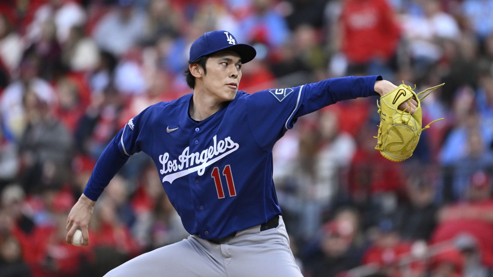 Roki Sasaki pitching for the Los Angeles Dodgers