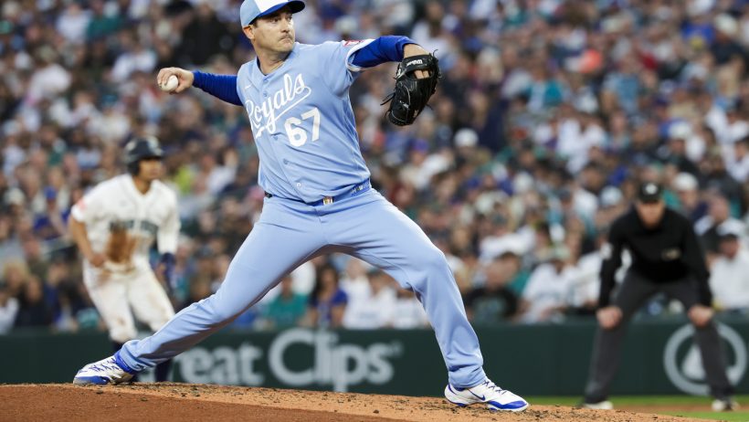 Seth Lugo delivers a pitch to the Mariners in a game at T-Mobile Park.