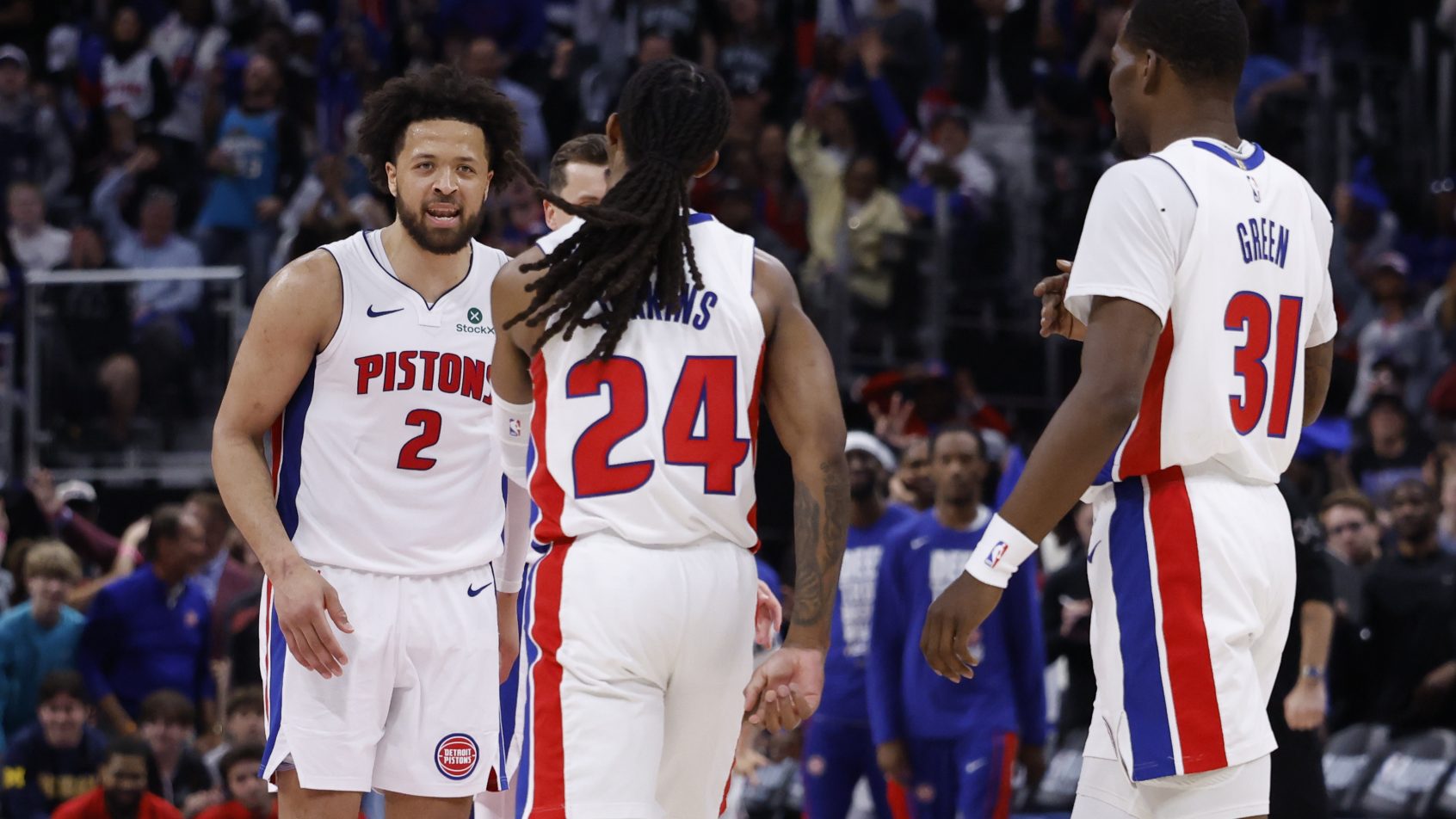The Pistons celebrate a bucket in a 1st Round playoff game versus the Magic.