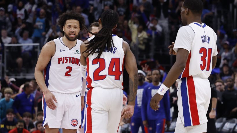 The Pistons celebrate a bucket in a 1st Round playoff game versus the Magic.