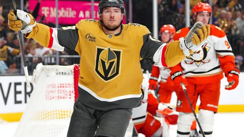 Ivan Barbashev celebrates a goal versus the Ducks in the Stanley Cup Playoffs.