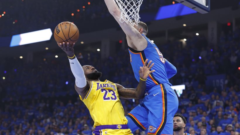 LeBron James drives to the Thunder hoop in Game 1 of the LA vs OKC playoff series.