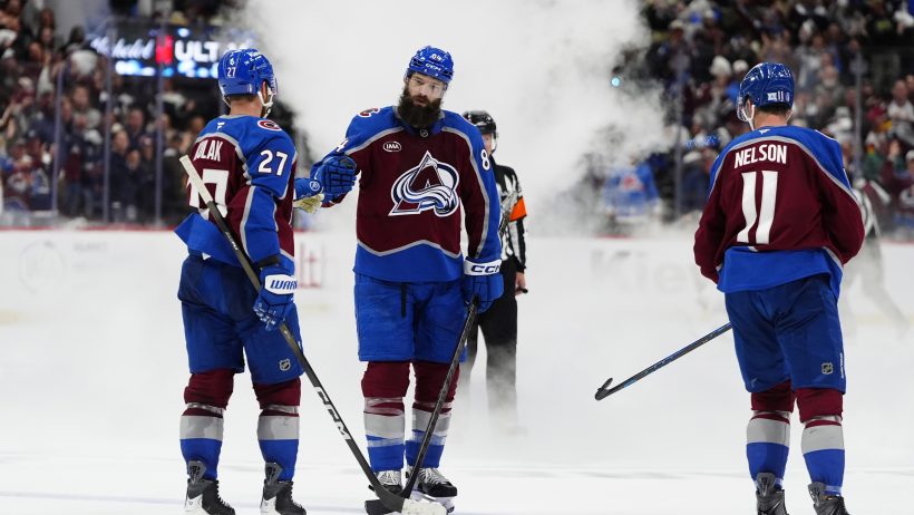 The Avalanche celebrate their Game 2 playoff win over the Wild on home ice.