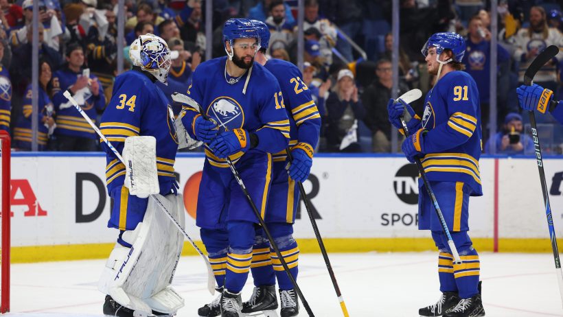 The Buffalo Sabres celebrate a playoff victory over the Montreal Canadiens.