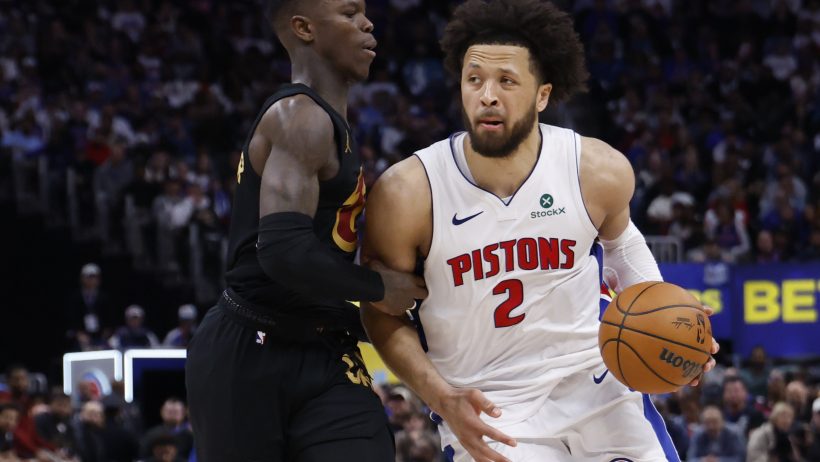 Cade Cunningham drives to the hoop versus the Cavs in an NBA playoff game.