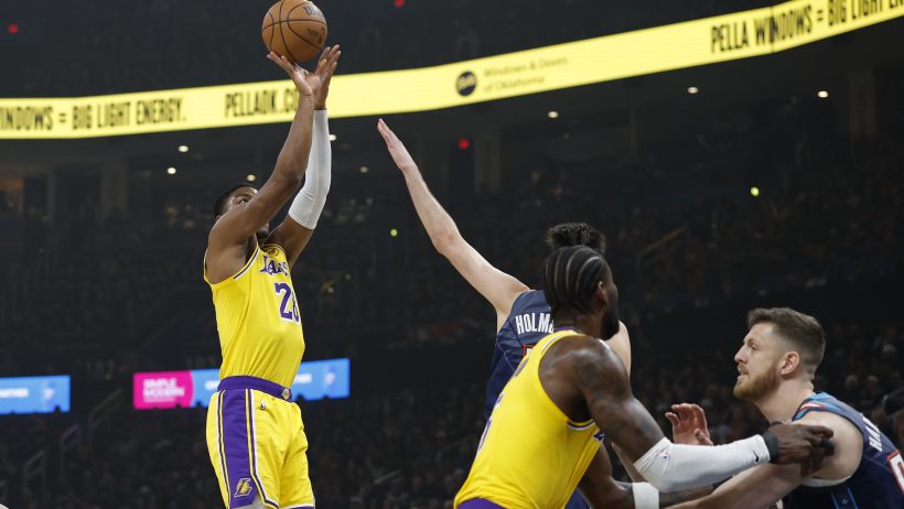 Rui Hachimura rises up for a jumper against the Thunder in an NBA Playoff game.