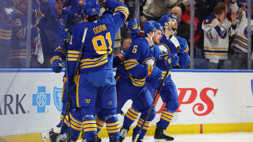 The Sabres celebrate a goal versus the Canadiens in Game 2 of their 2nd Round series.