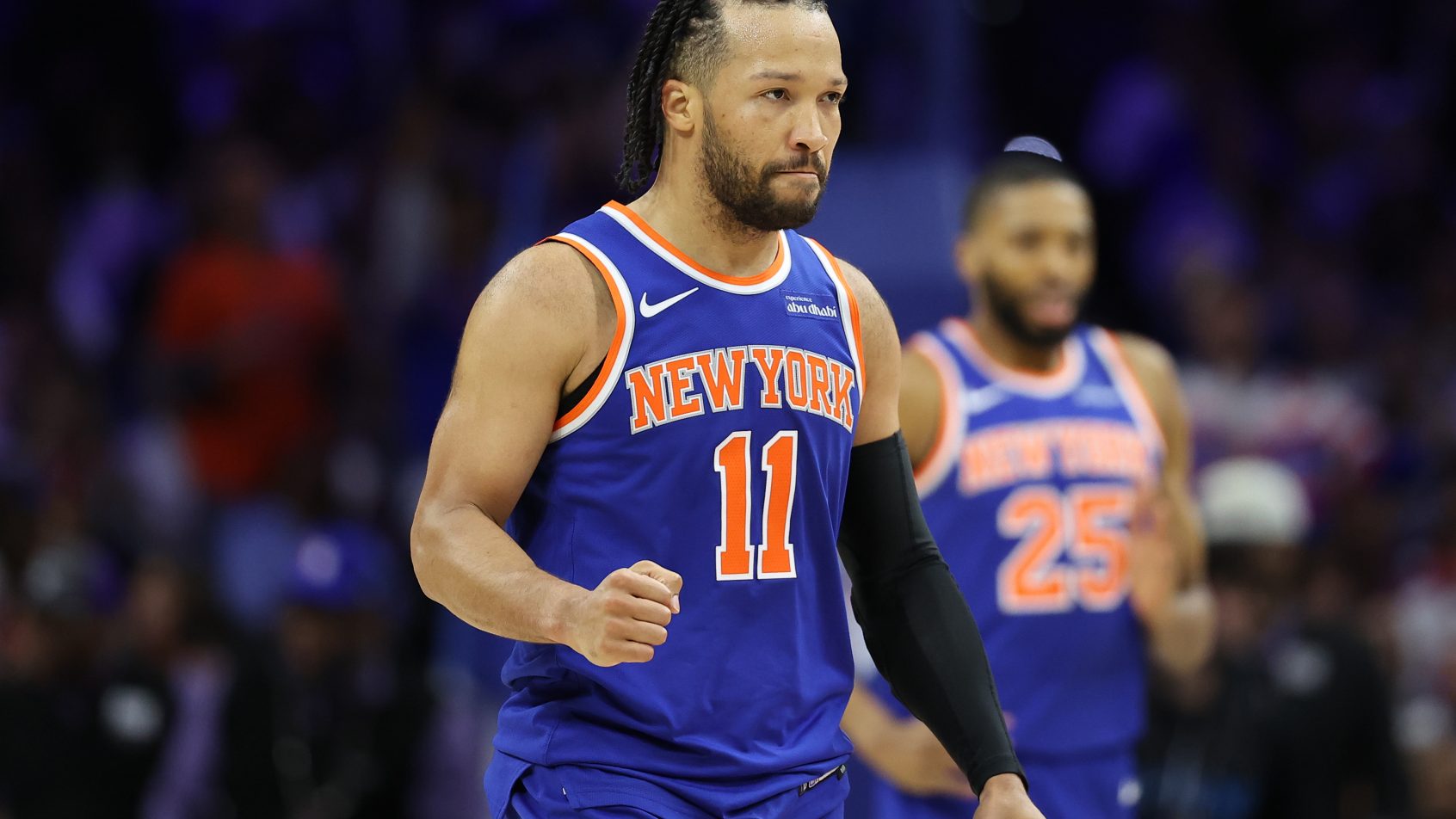Jalen Brunson celebrates after a bucket during a win over the 76ers.