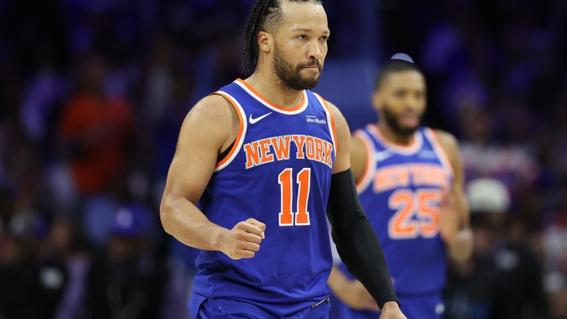 Jalen Brunson celebrates after a bucket during a win over the 76ers.