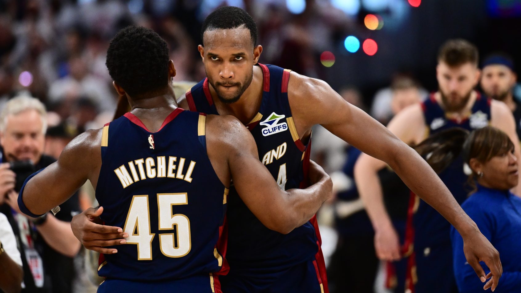 The Cavaliers celebrate a victory over the Pistons in the NBA Playoffs.