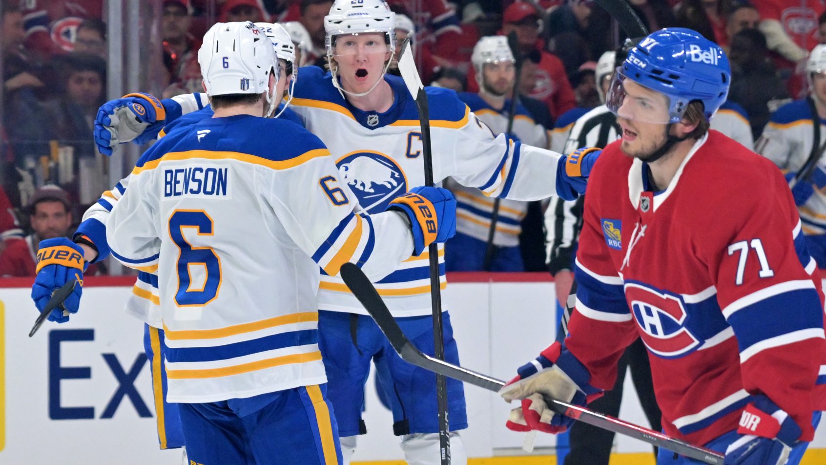 The Sabres celebrate a goal in Game 3 of their playoff series versus the Canadiens.