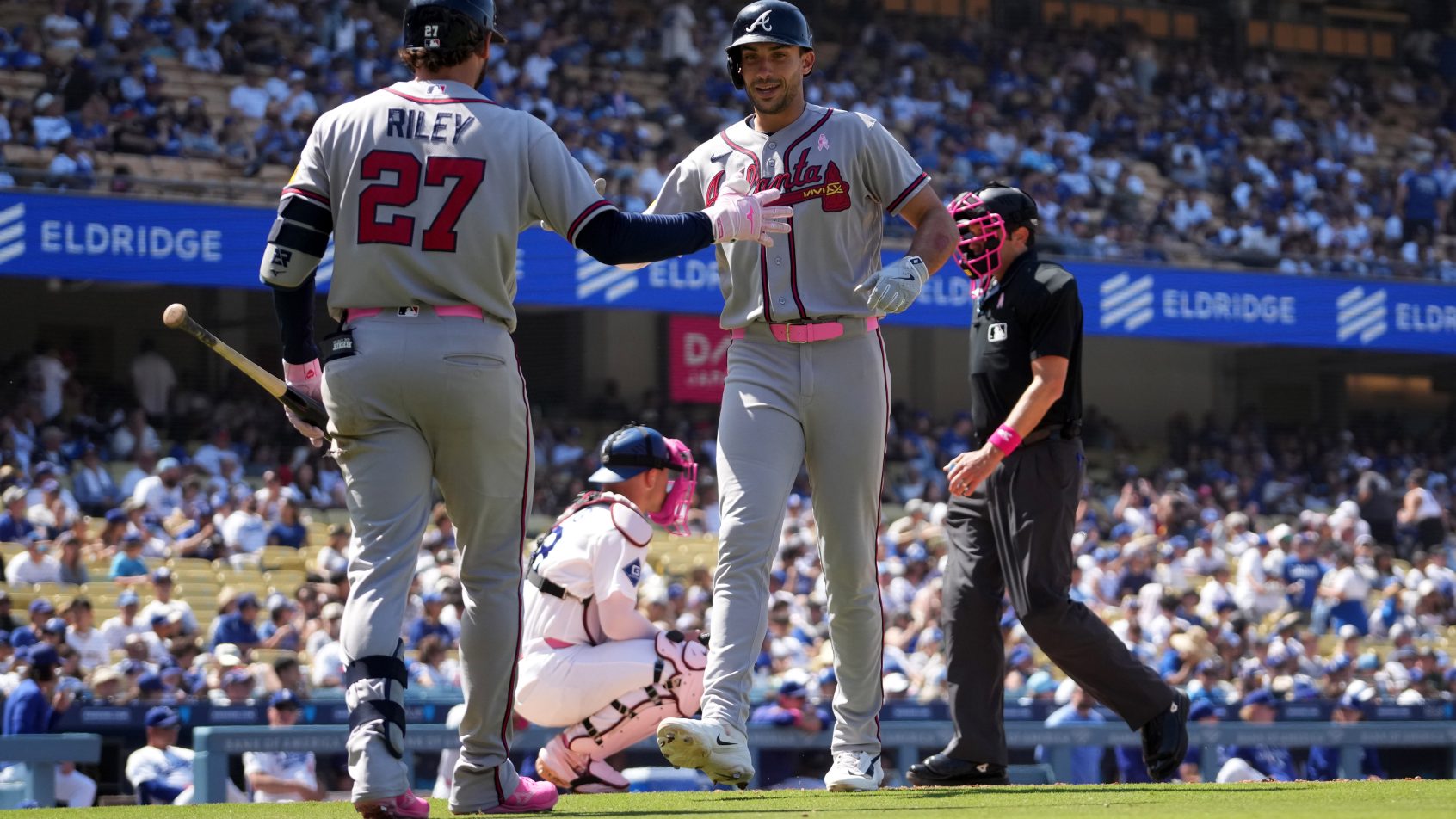 Matt Olson celebrates a home run versus the Dodgers.