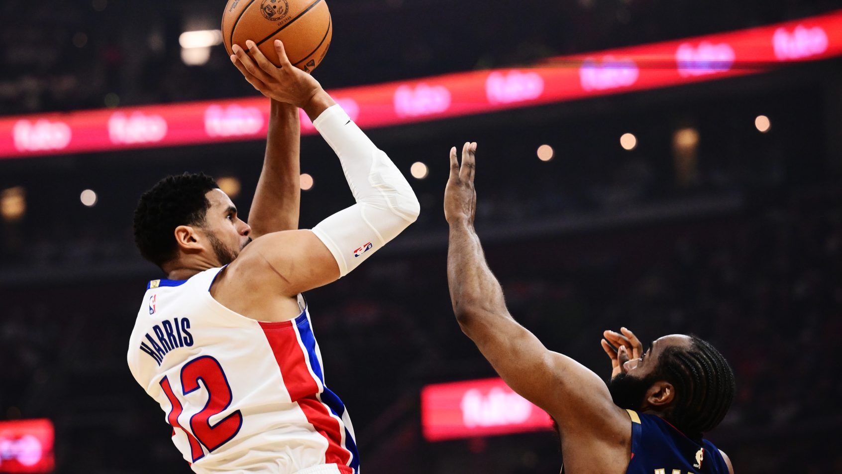 Tobias Harris rises up for a jumper versus the Cavs in a 2nd Round playoff game.