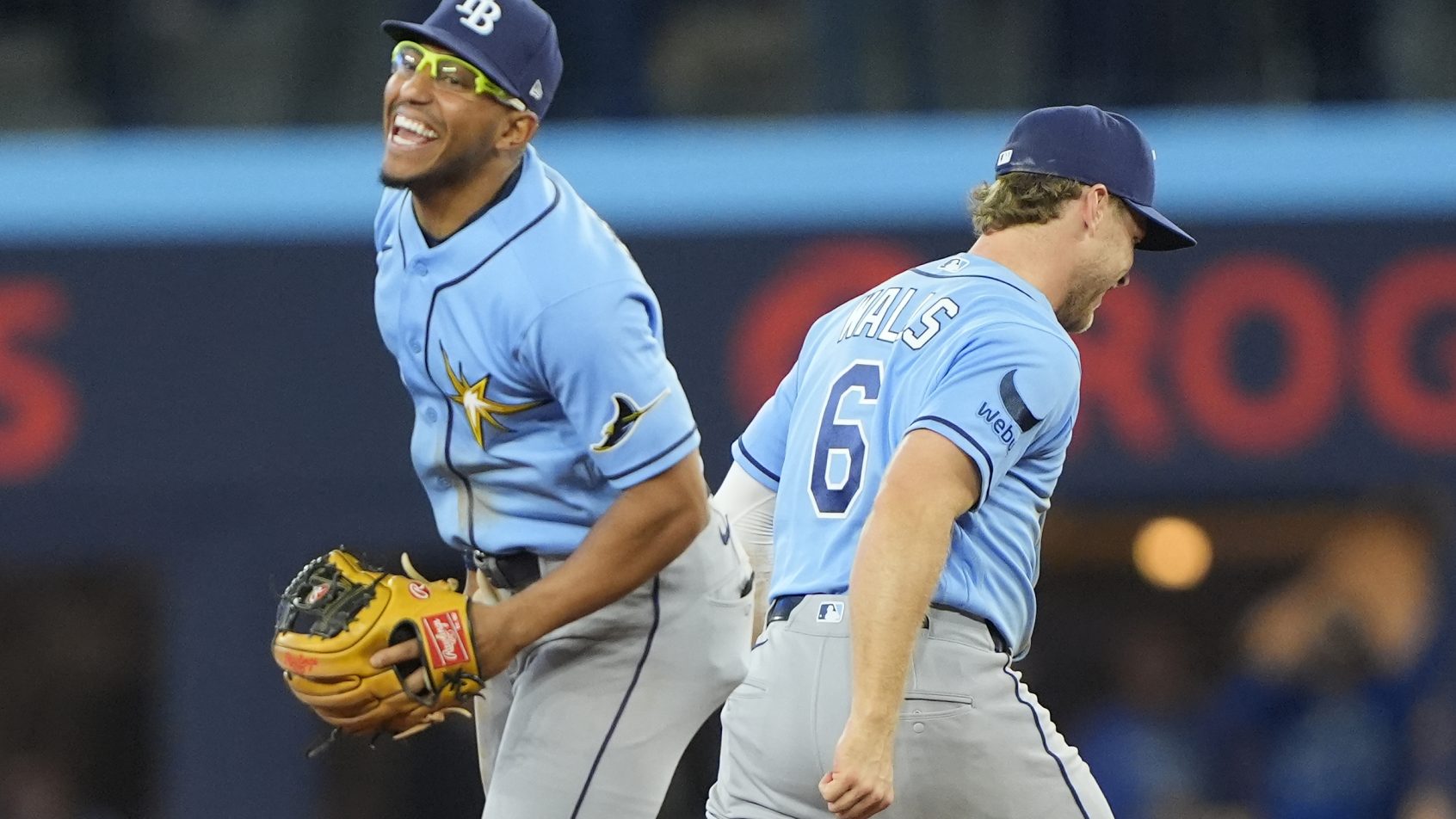 Tampa Bay Rays celebrate a victory over the Blue Jays.
