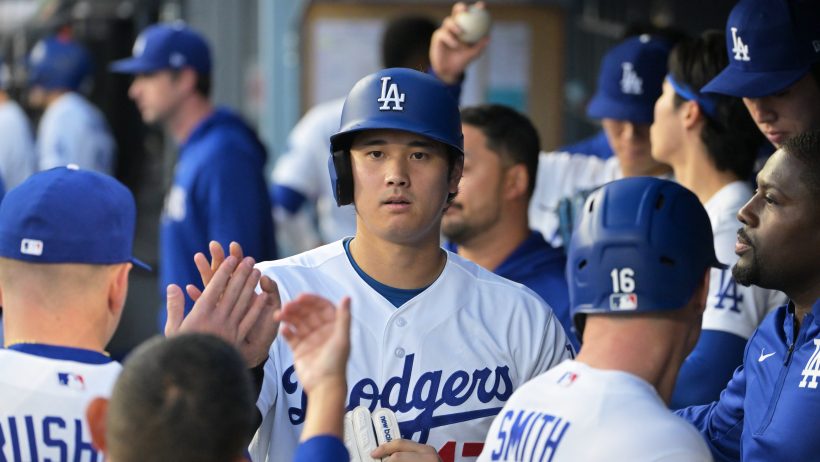 Shohei Ohtani celebrates with teammates